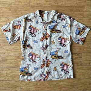 Vtg 90s High Surf Route 66 Camp Shirt Hot Rod Car USA Map Hawaiian Button Up L